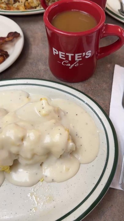 Pete's Cafe - Spanish Omelette and Country Scarmble with side of bacon! Great drip coffee and happy they had the blue vanilla creamers! - Southern Near Me - Farmers Branch, Texas