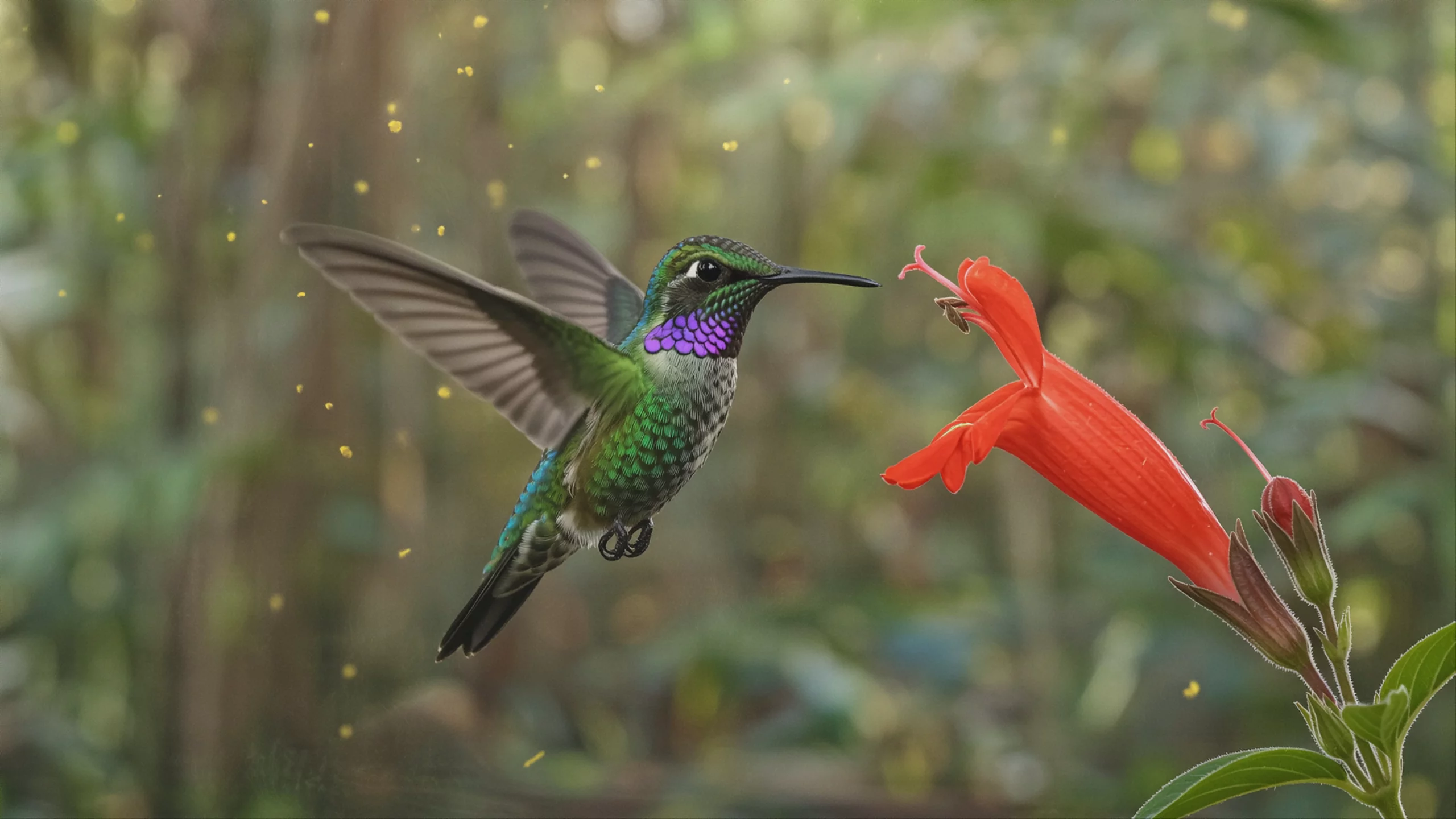 A purple-throated hummingbird hovers at a scarlet tubular flower, wings blurred, in soft rainforest light.