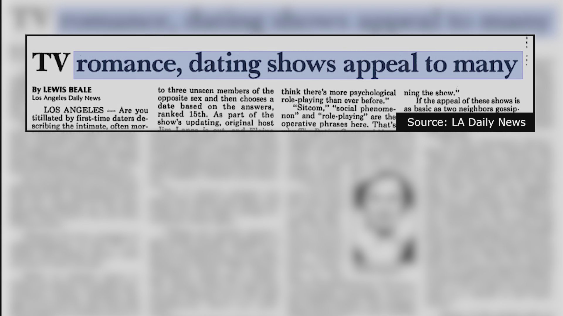 Archival footage of Chuck Barris on a television set transitions into a montage of contemporary newspaper clippings critiquing the rising popularity and perceived poor taste of televised dating programs.