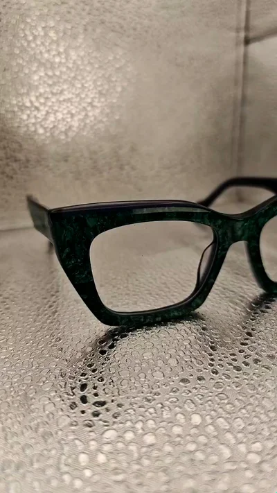 Green Marble Eyeglasses with Black Brow Bar | Squared Cat Eye Acetate Frame Unisex | 51□19-145