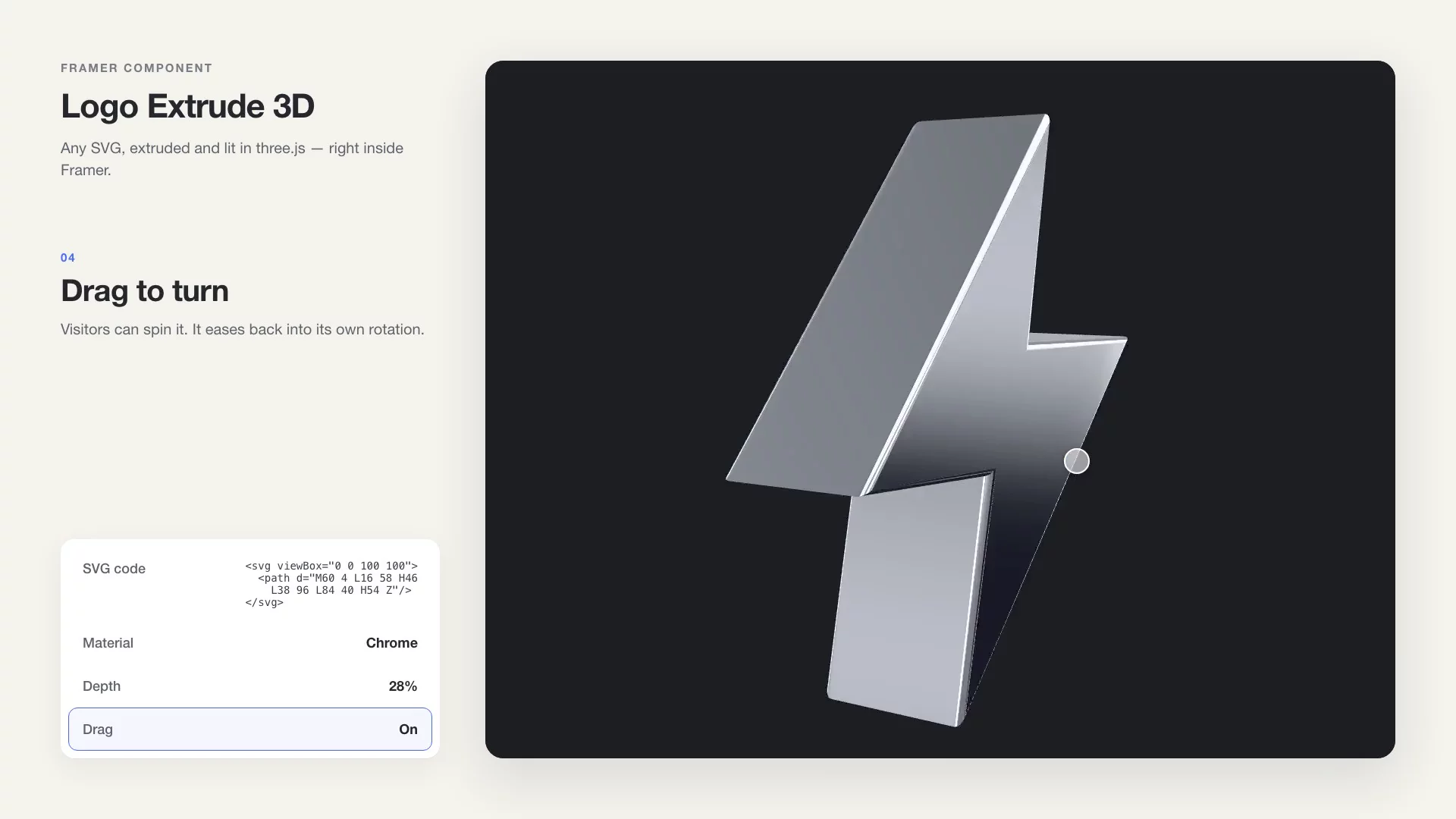 Two three.js components, recorded frame by frame from the real thing.Paper Flipbook: drop in page images, drag the corner or use the arrow keys. One thing I learned shipping it: on my published site, React's onKeyDown never fired inside the code component, even though it worked on the canvas. It now listens on its own root element. If your component's keyboard works in the editor but not live, that's worth checking.Logo Extrude 3D: paste an SVG and it rebuilds as you type. The clip runs a bolt through chrome, glass, clay, gold and holographic, then pushes the depth.