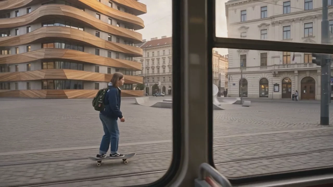 Shot from inside the tram: the skater waits on the platform by the fountain as the doors close and the tram pulls away