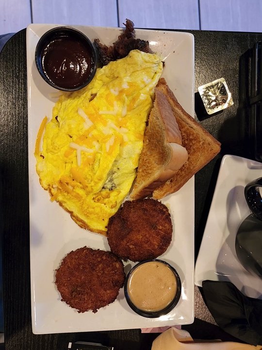 Olde Tavern - Olde Town Smokehouse Omelette w/ Potato Cakes & Mushroom Gravy - Wine Bars Near Me - Hickory, North Carolina
