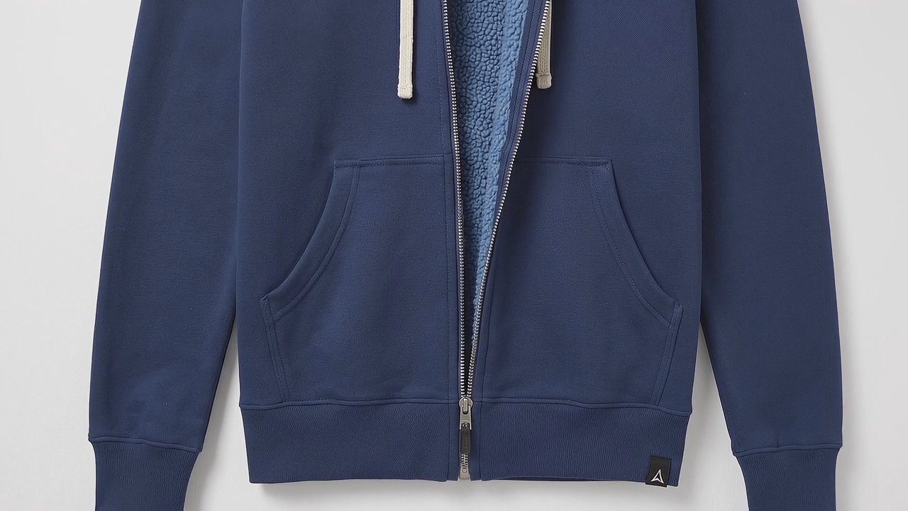 Navy sherpa-lined hoodie in an Amazon listing-video shot generated by Agent Iris