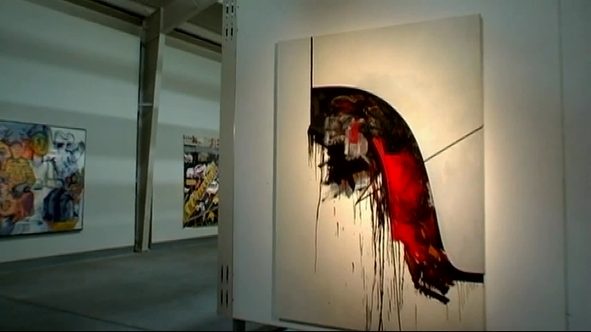 Sculptures, expressive paintings, and mixed-media works appear across gallery spaces and an art-filled home. The narration describes local artists as bringing liveliness and depth to their communities.