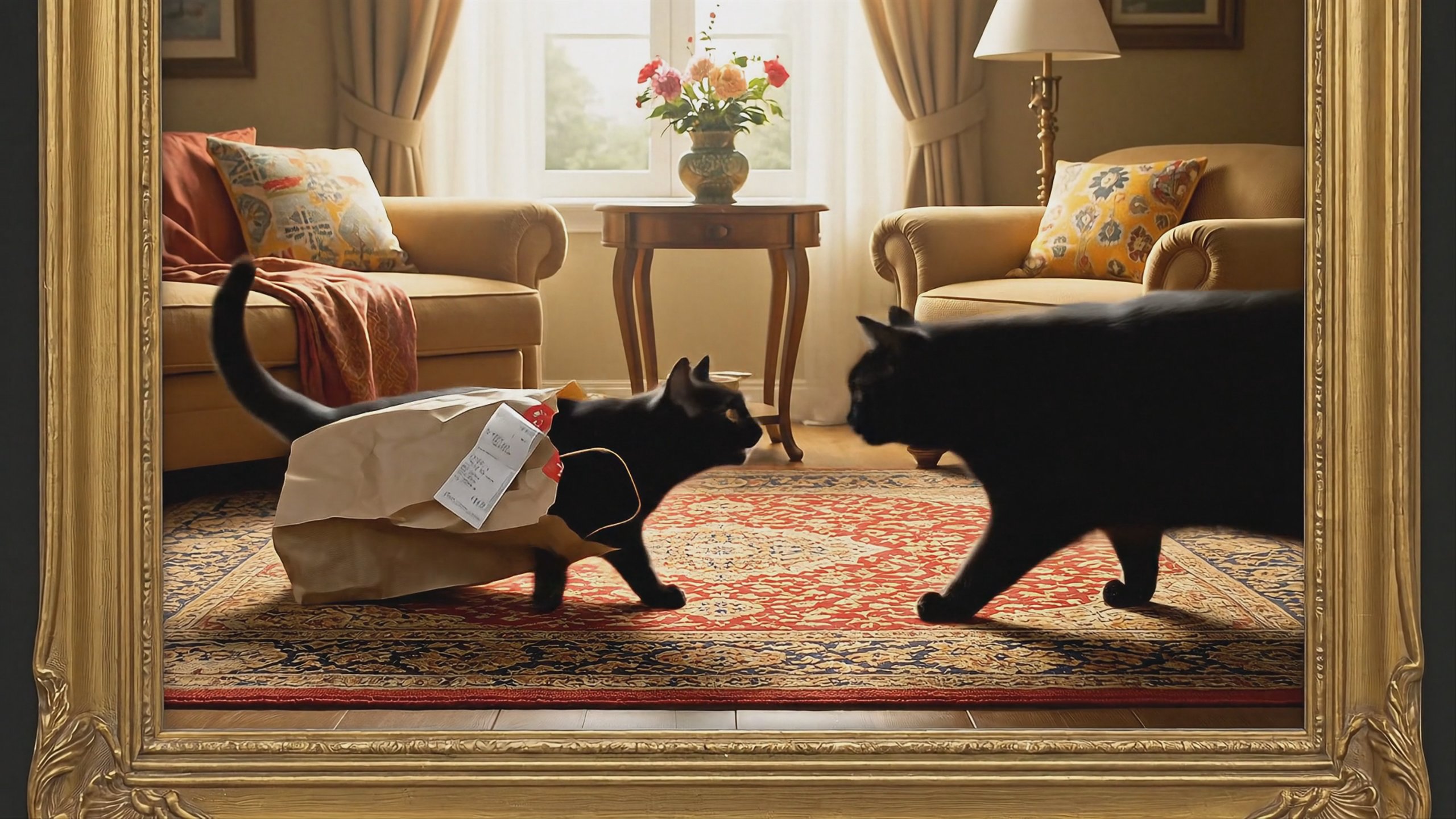 A close-up shot of a small black cat with large yellow-green eyes looking directly at the camera. The scene is presented inside an ornate golden picture frame against a dark background. In the background, there is a paper bag and a white receipt paper. This 1920x1080 video was generated using the Veo 3.1 model.
