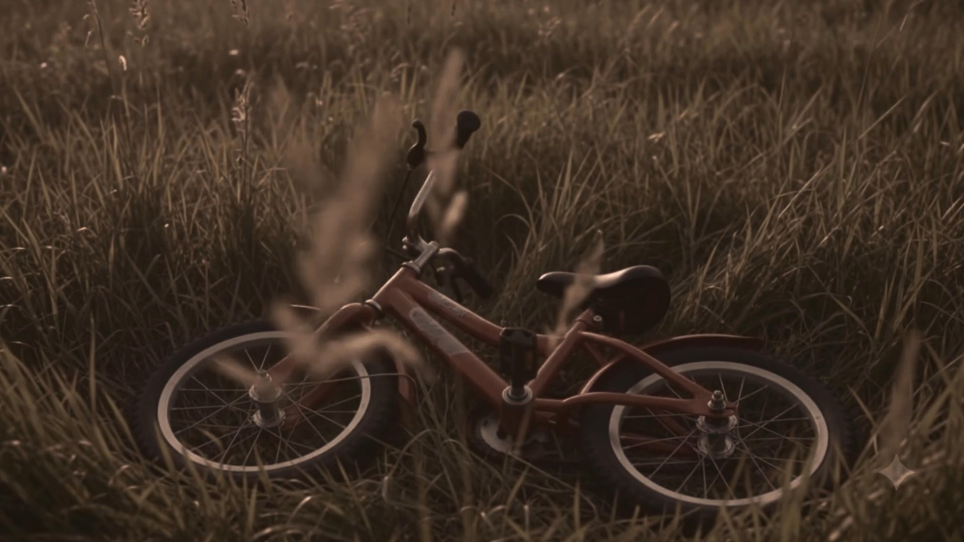A man shares a personal reflection while the scene transitions to a solitary red bicycle resting in a tall grassy field. The sequence concludes with a formal, contemplative figure observing the environment.