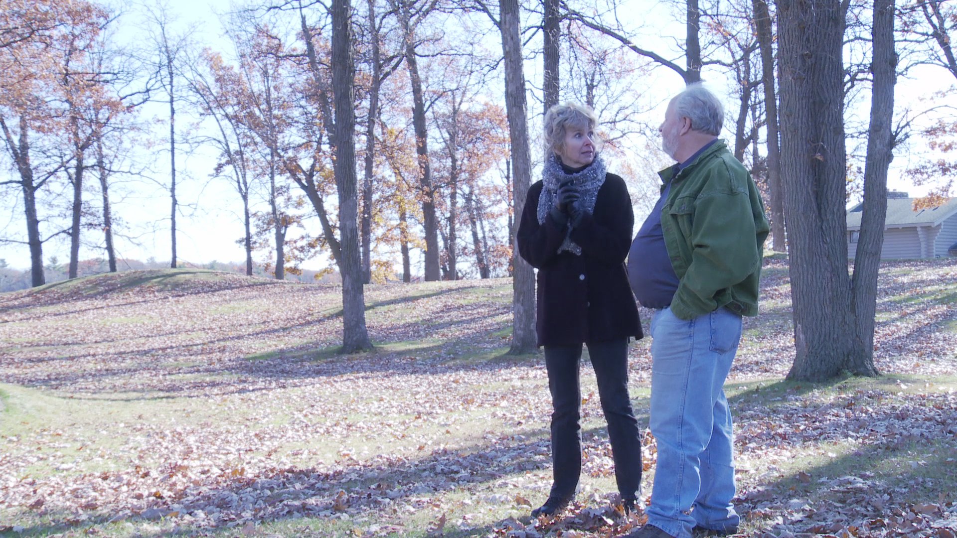 A man and a woman walk through a wooded park during late autumn, stopping to engage in an active conversation amidst the fallen leaves.