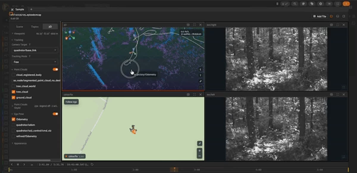 FiftyOne App showing an MCAP recording as 3D point cloud, forest stereo camera, and GPS map tiles side by side