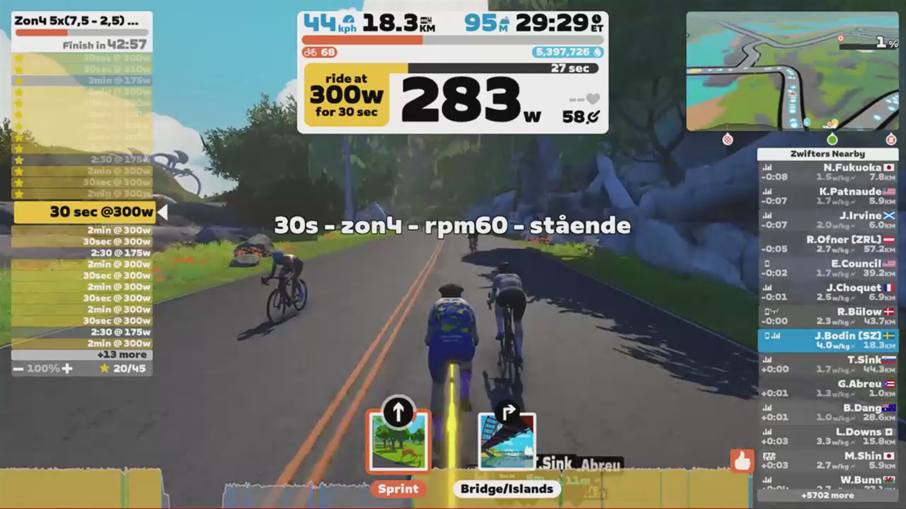 Zwift - Zon4 5x(7,5 - 2,5) rpm 60 styrkeintervall (Guided Heroes) in Watopia