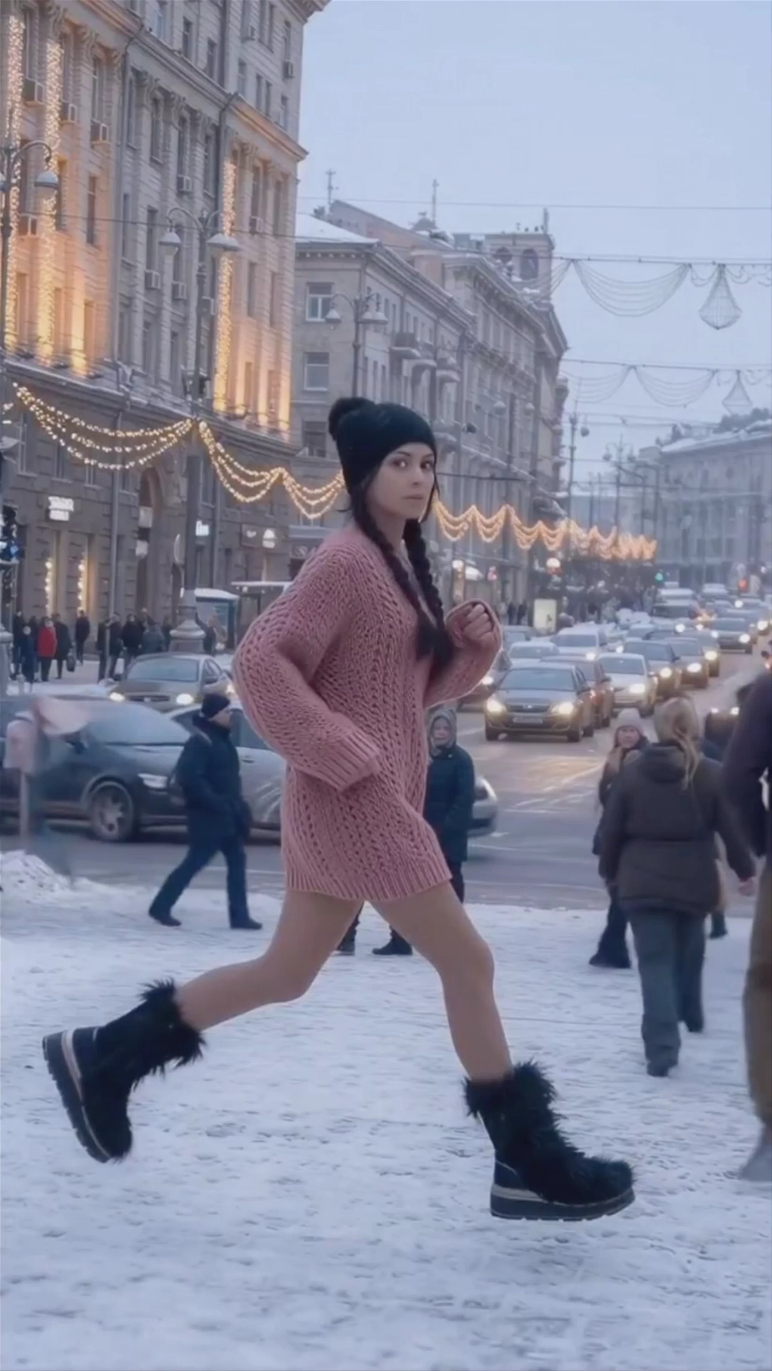 A vertical 1080x1916 video frame generated by Kling O1 shows a young woman with dark braids, wearing a pink knit sweater-dress, a black beanie, and black winter boots. She walks on a snowy city sidewalk during winter, with classical buildings, cars, and other pedestrians blurred in the background.