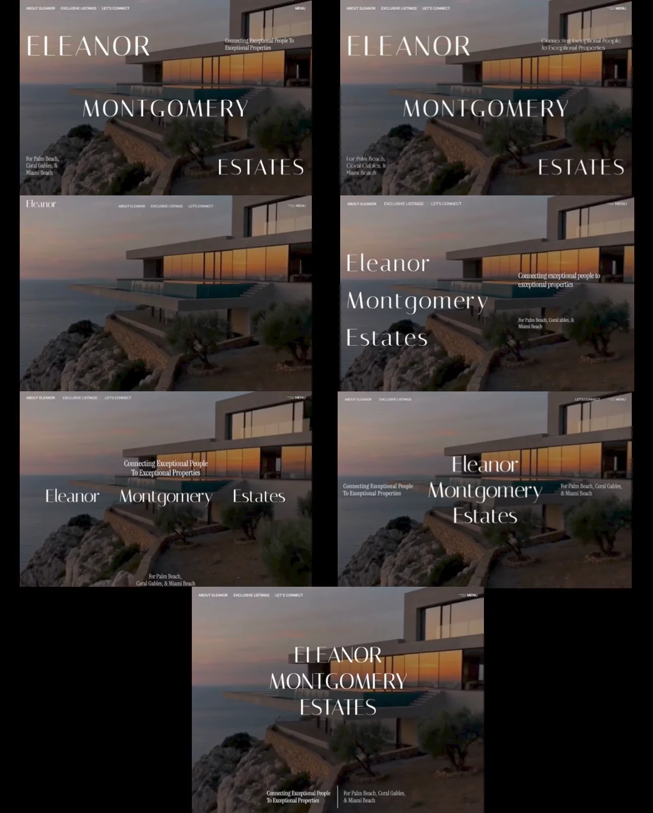 Hero design explorations for the hero section of my framer template for luxury real estate agents. After quite many iterations I finally think I will go with this one. All the elements will later be animated, this is just the design skeleton.Would appreciate thoughts and suggestions.