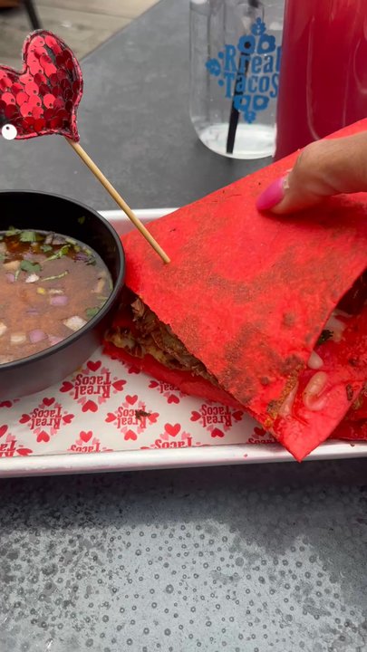 Rreal Tacos - From the Valentines  Menu A red Quesadilla Birria With Consommé for dipping. - Mexican Near Me - Duluth, Georgia