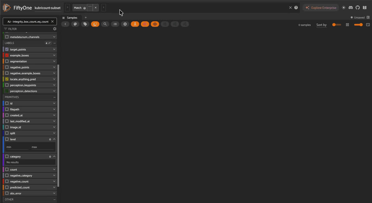 FiftyOne App toggling between ground-truth target boxes and distractor boxes on a KubriCount scene to verify synthetic labels.