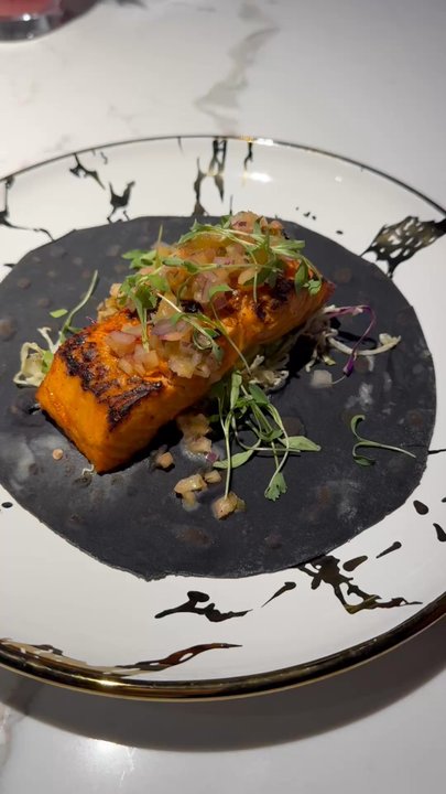 Indigo - Steelhead Trout Al Pastor comes on a squid ink tortilla with grilled pineapple salsa! - Cocktail Bars Near Me - San Francisco, California