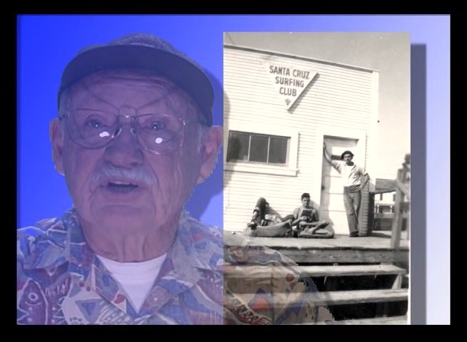 An elderly gentleman shares historical insights and personal reflections regarding the Santa Cruz Surfing Club while archival black-and-white images illustrate the club's origins.