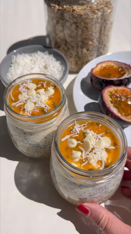 Passionfruit, coconut and white chocolate chia pudding