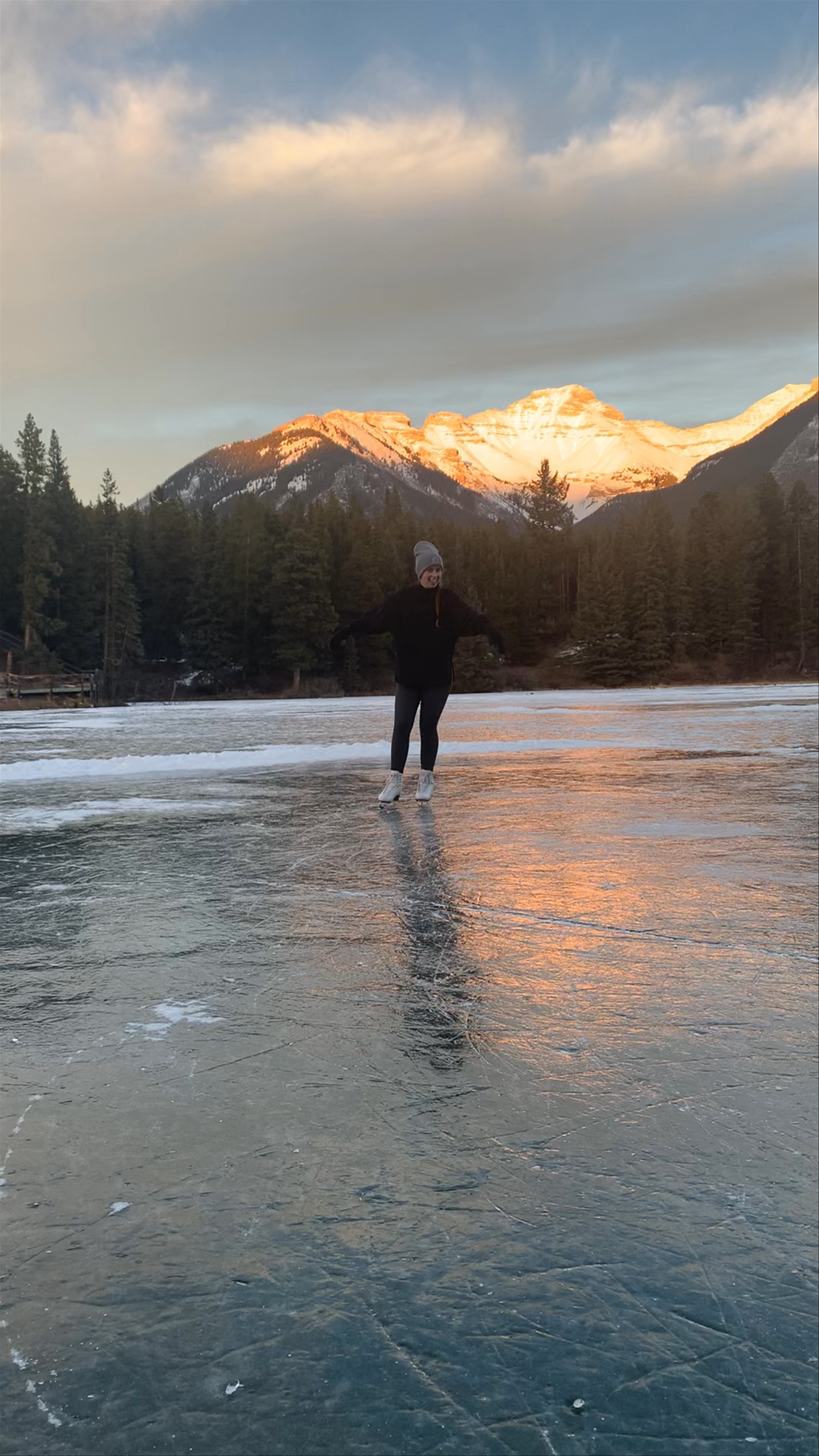 Skating on Frozen Two Jack Lake with Mountain Sunsets - Alberta, Canada