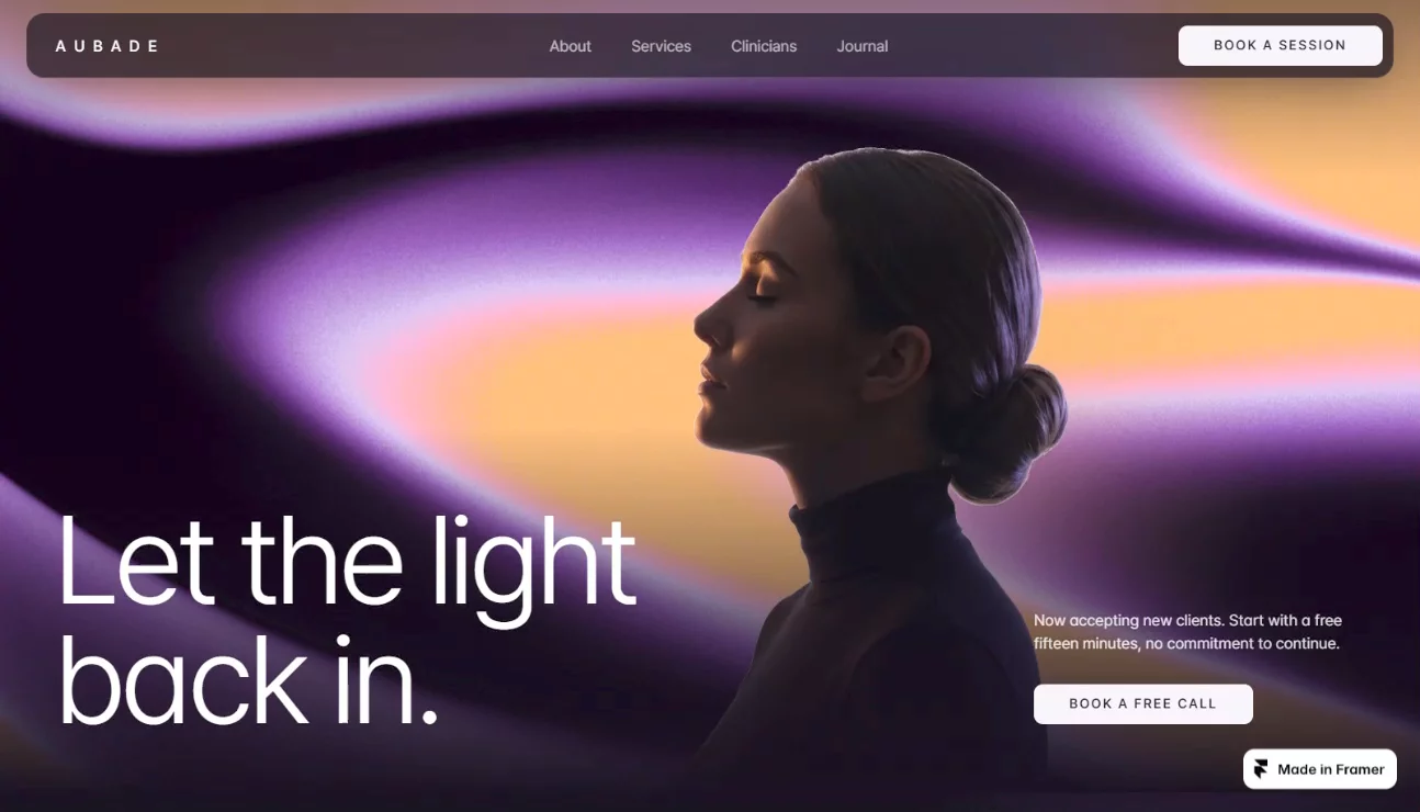 Aubade, a therapy template about the moment night turns to morning.Live gradients, a backlit studio hero, calm motion and 11 CMS-powered pages. Made for practices that want their site to feel as safe as their room.Live preview → https://aubade.framer.website/
