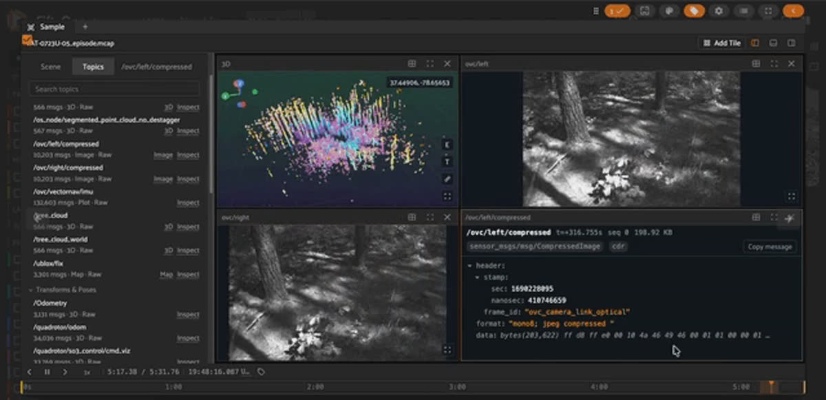 FiftyOne Topics sidebar listing an MCAP file's channels and schemas next to a point cloud and stereo camera tiles