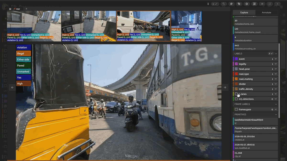 FiftyOne sample view of a MOTOR clip behind a bus in dense traffic, showing clip-level metadata and temporal detection fields