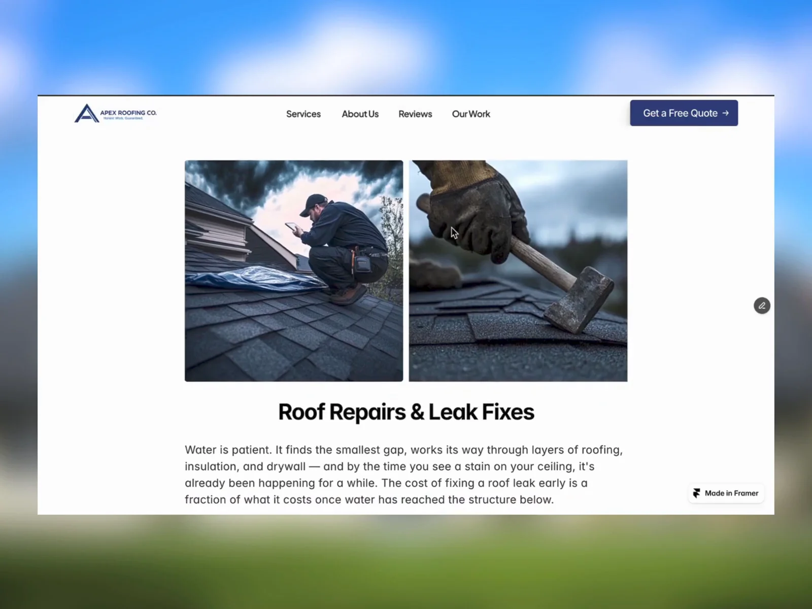 My very first framer template Apex Roofing has over 99 remix i.e 90 people used it for their business and it’s now completely free!