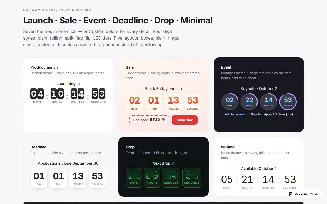 Most countdowns on the Marketplace count to one date and that's it. They can't do the three I kept running into:- "Order by 2pm, ships today" on a shop, skipping weekends and holidays- A launch at 9am New York time that shows the right time for someone in Berlin- A 30-minute welcome offer where each visitor gets their own timer, and it doesn't restart when they reload the pageSo I made Smart Countdown. When it hits zero you pick what happens: a message, count up, hide it, or send people to another page. There's a button with a promo code too, and 7 looks from flip cards to LED dots. Everything is set in the properties panel.$6. Demo in the video, try it live: https://smart-countdown.framer.website