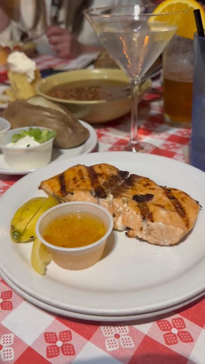 Pinnacle Peak Steakhouse - Grilled Salmon, baked potatoes, beans, and Orange Tequila Martini - Steakhouses Near Me - San Dimas, California