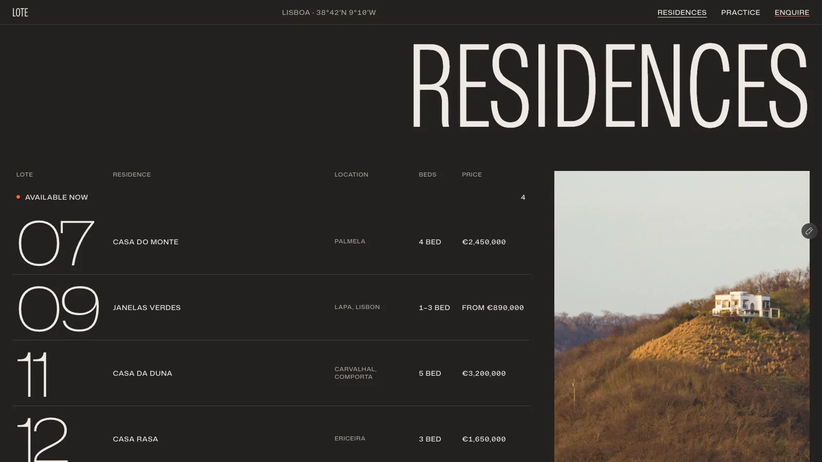 A small detail in Lote's residence index: the property photo stays beside the list as you scroll.The rows keep the location, bedrooms and price lined up, while the larger image gives the home a little more room. A closer look at the desktop layout.https://excellent-favorites-639729.framer.app/