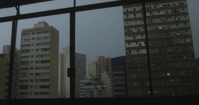 A city view through a window