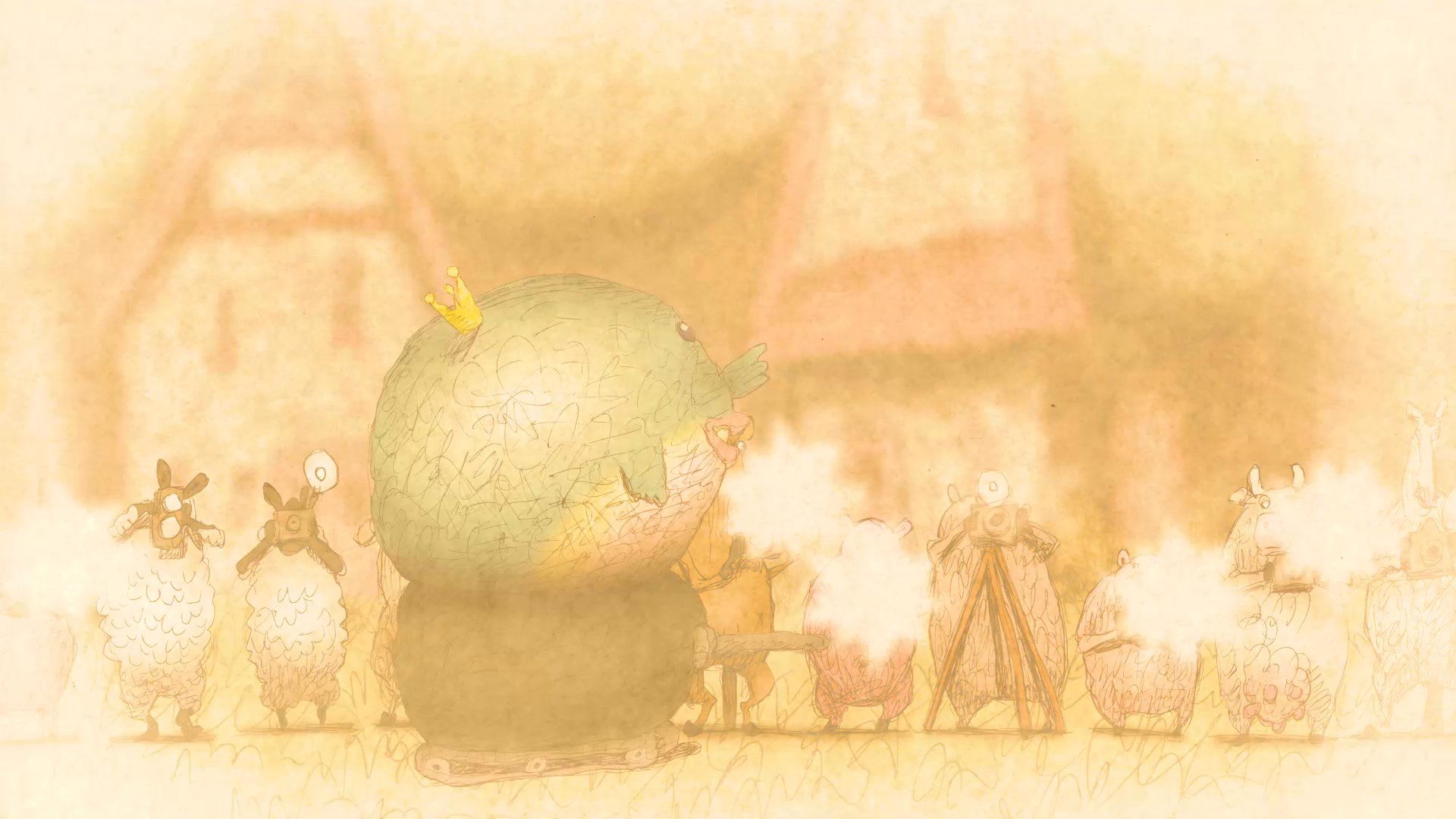 A crocodile character wearing a royal crown interacts with a larger kingly figure before the scene transitions to a royal carriage procession and a tense encounter on a forest path. The animation employs a whimsical, storybook artistic style to convey its narrative progression.