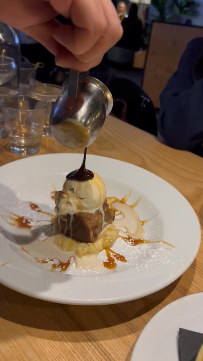 The Post - Banana Bread Pudding with chocolate sauce - Comfort Food Near Me - Los Altos, California