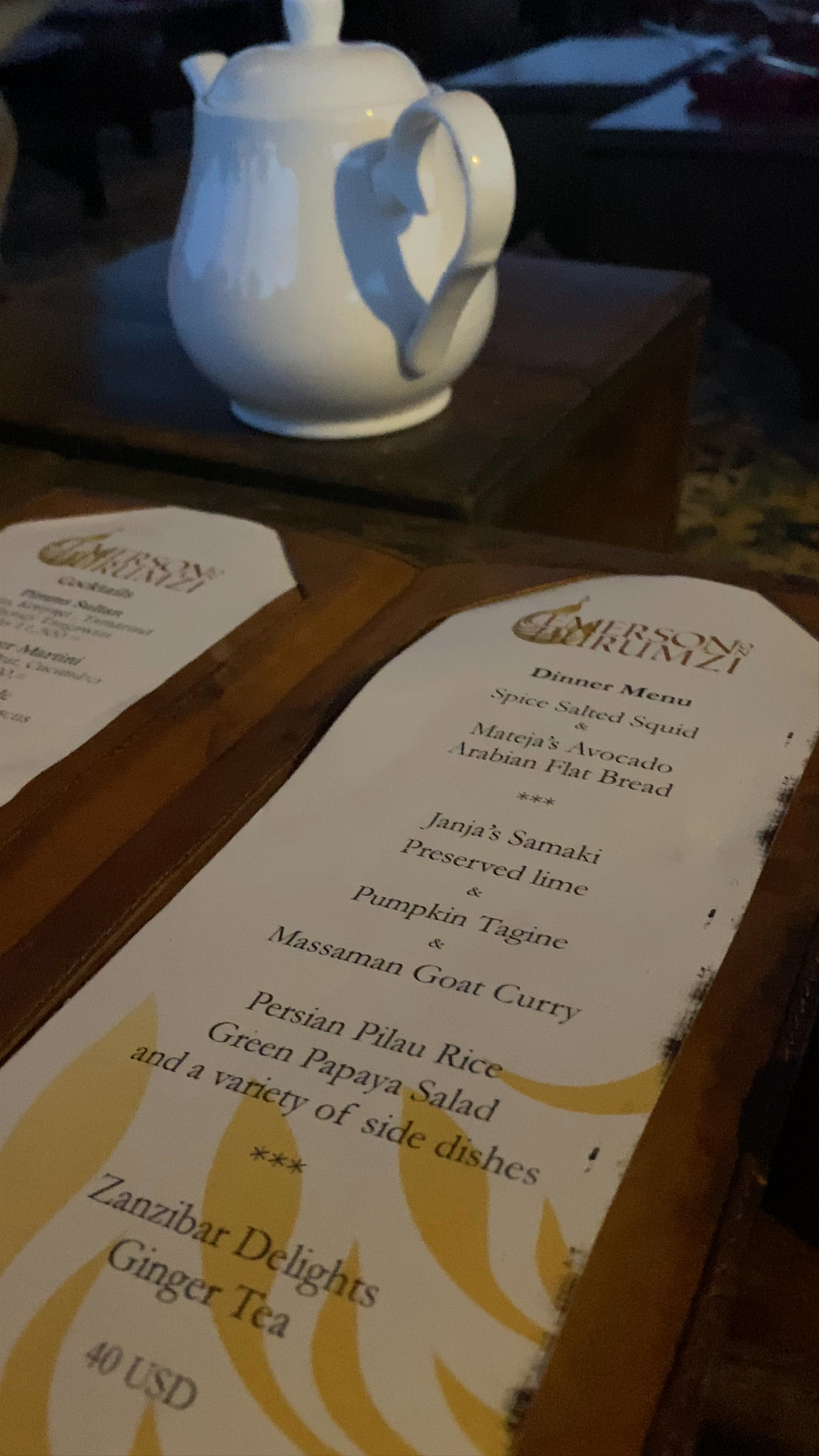 Emerson on Hurumzi and the Tea House restaurant