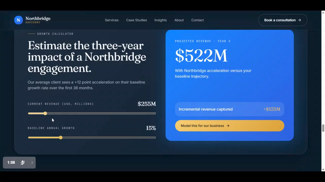 Just completed NORTHBRIDGE ADVISORY – Master Website in Framer.Built for a brand that helps organizations win bigger, scale faster, and lead longer, this website reflects the confidence and professionalism expected from a trusted strategic advisory firm.The design combines a refined visual identity with seamless navigation, responsive performance, and smooth Framer interactions to create an experience that inspires trust from the first visit.Every detail was crafted to support a clear message: Elite Strategy. Government. Growth.Proud to add this project to my Framer portfolio.