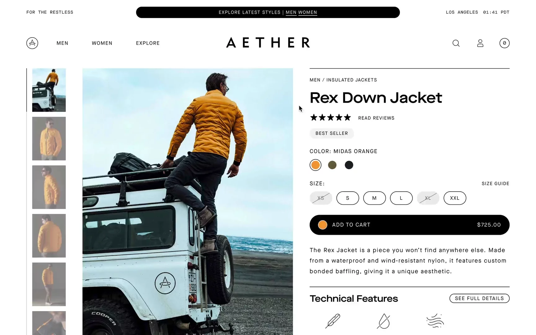 A video of Aether Apparel website showcasing product detail page with various features sections.