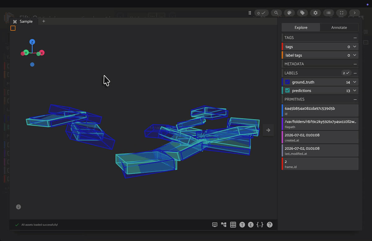 FiftyOne App 3D view of BabyROS point cloud samples with Boxes3D annotations in the babyros_perception_demo_3d dataset.