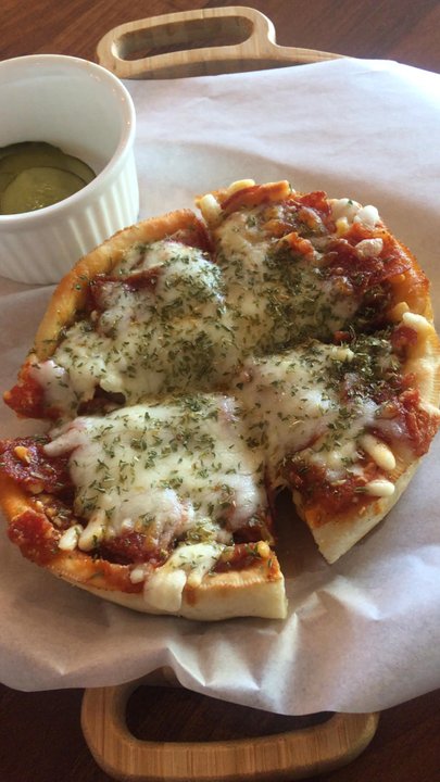 Cafe Retro 252 - Stealing a slice of hubby's personal sized pizza. Tasted like Bagel Bites which my kids loved. - Desserts Near Me - Angeles, PAM