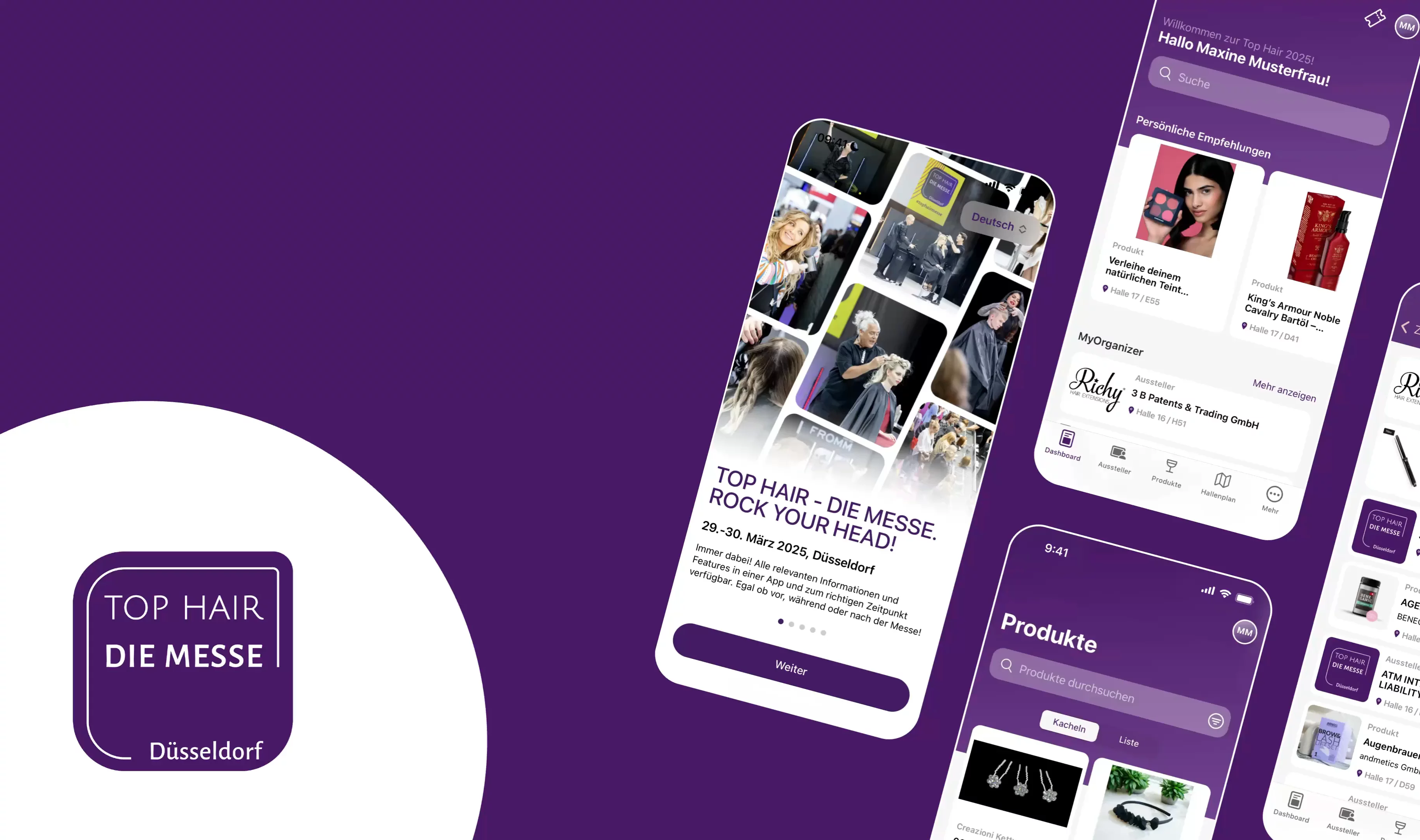 Die FairMate App als hybride Mobile App für iOS und Android, konzipiert, gestaltet und entwickelt von Hypercode, passt sich als White-Label-Lösung flexibel an unterschiedliche Messen und Events an. Zu sehen sind wechselnde Farbwelten, Bildsprachen und Interface-Varianten für Veranstaltungen wie ProWein, boot Düsseldorf, CARAVAN SALON, MEDICA, EuroShop und REHACARE, während Struktur, Funktionen und Nutzerführung konsistent bleiben. Die Darstellung verdeutlicht, wie eine gemeinsame App-Basis messe- und markenspezifisch individualisiert wird und dennoch ein einheitliches Nutzungserlebnis bietet. | Hypercode, Digital Product Studio, Köln
