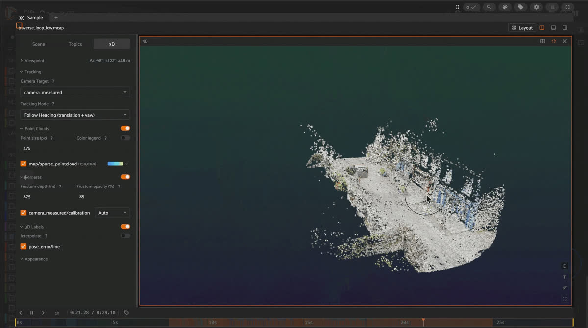 Scrubbing a PIVOT MCAP episode in FiftyOne, with the camera frustum moving along its flight path through the scene's sparse point cloud.