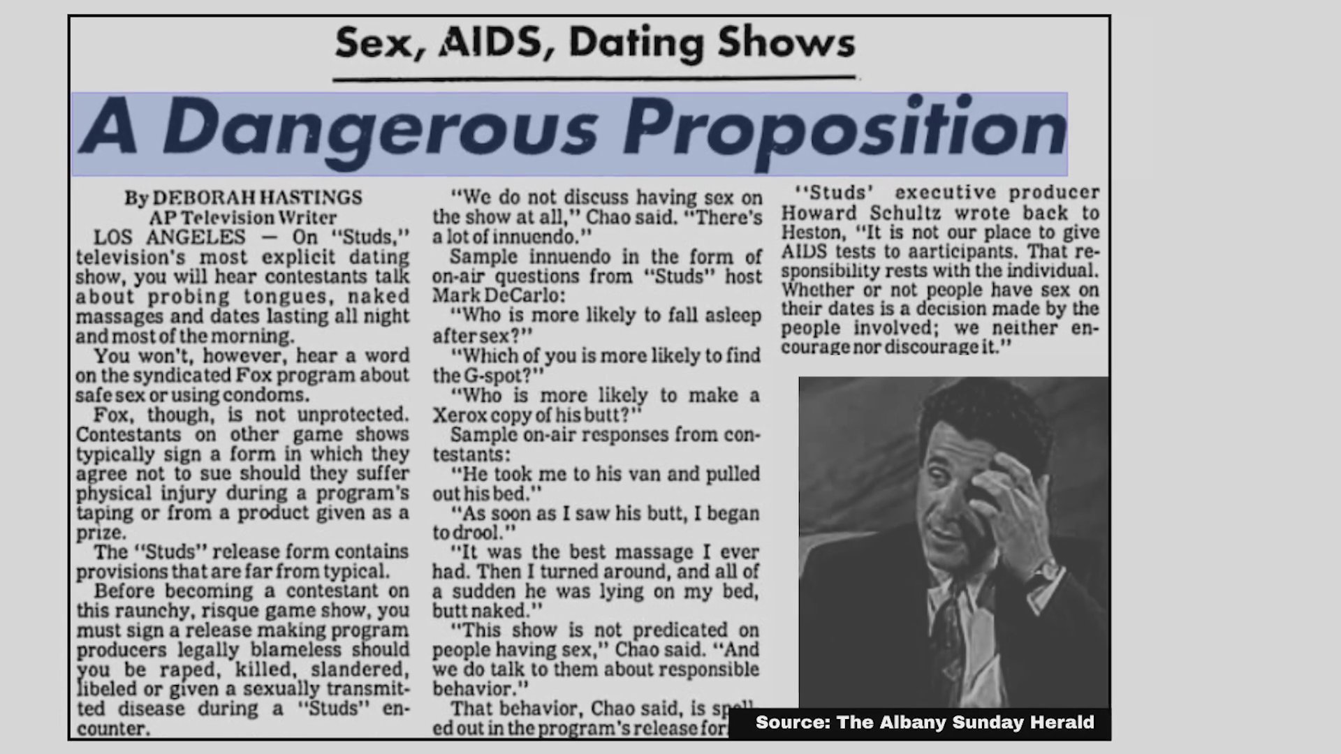 Historical newspaper clippings analyze the impact of the AIDS epidemic and the content of sexually explicit television dating programs during the 1990s. The footage documents public discourse and media reporting surrounding these critical social and health issues.