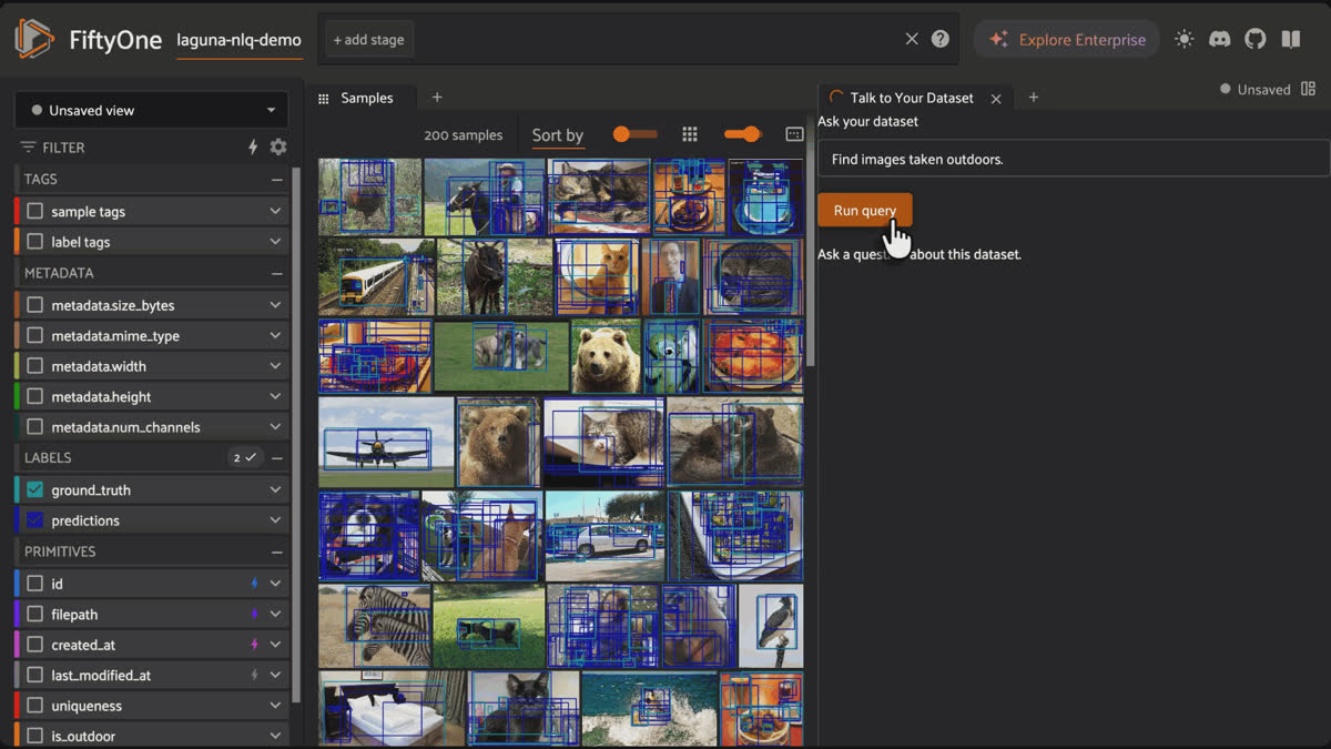  Laguna delegating the query Find images taken outdoors to a VLM, which returns 10 outdoor images.