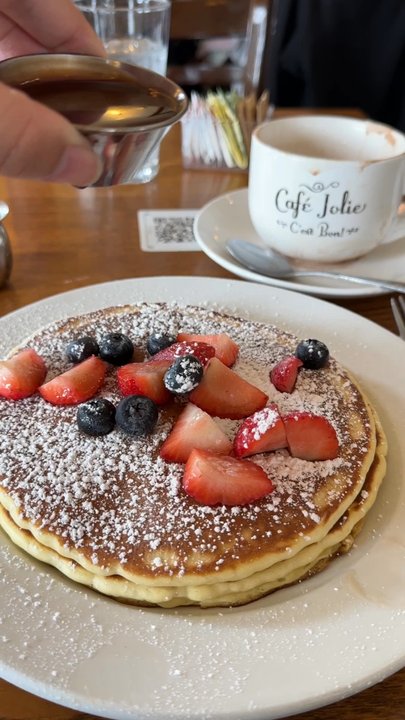 Cafe Jolie - Side of Chocolate Ganachete to drizzle my Buttermilk Pancakes Breakfast - Breakfast & Brunch Near Me - Alameda, California
