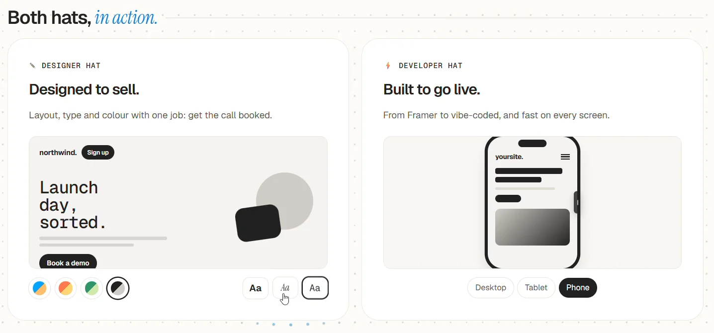 Wanted to show both my design and dev side without just writing "designer &amp; developer" everywhere.So I made this little interactive section for my portfolio :)