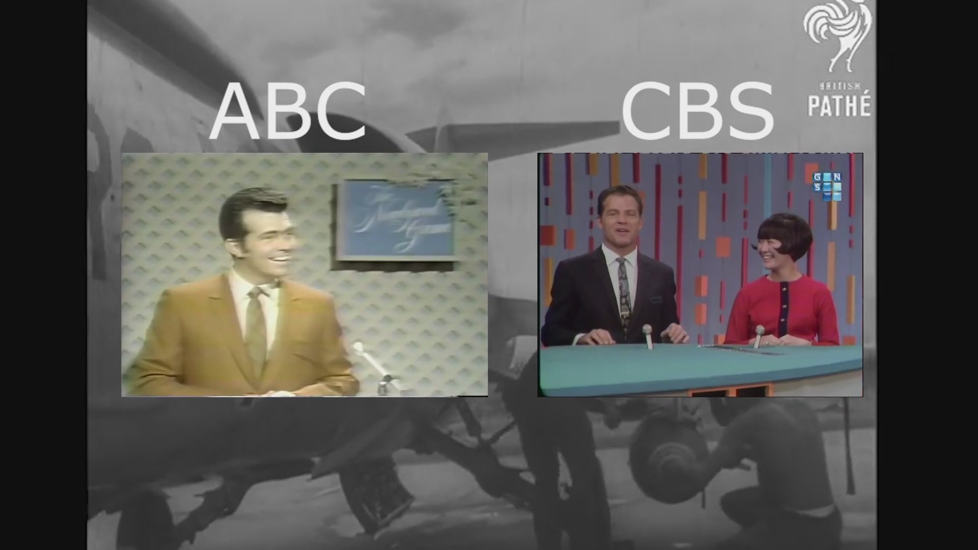 A split-screen display alternates between a live CBS news bulletin and footage of the game show 'The Newlywed Game'. The sequence captures the transition from standard entertainment programming to a breaking news update.
