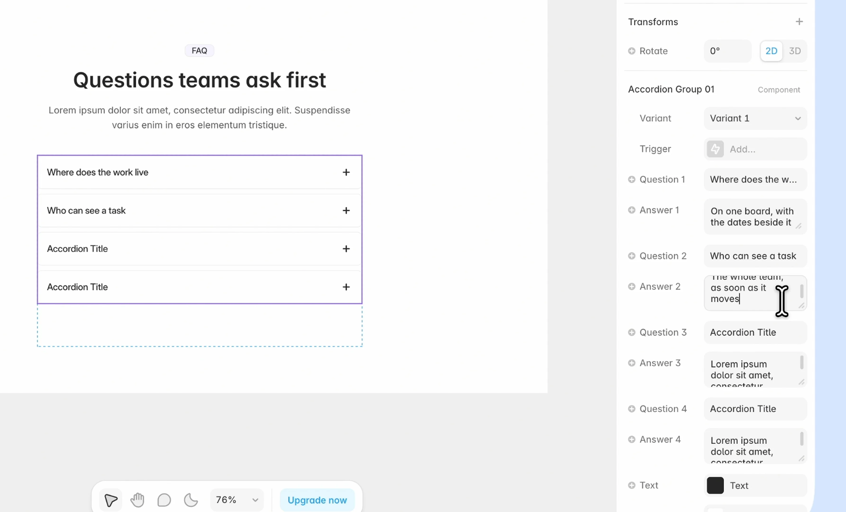 🛠 FAQ sectionEighth lesson on the Flowbit pageI drop an FAQ under the pricing card, then change the badge, the heading, and four questionsWhere the work lives, who can see a task, what happens if a date slips, and whether the team can see the week