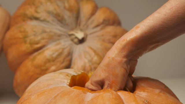Pulling out the insides of a pumpkin