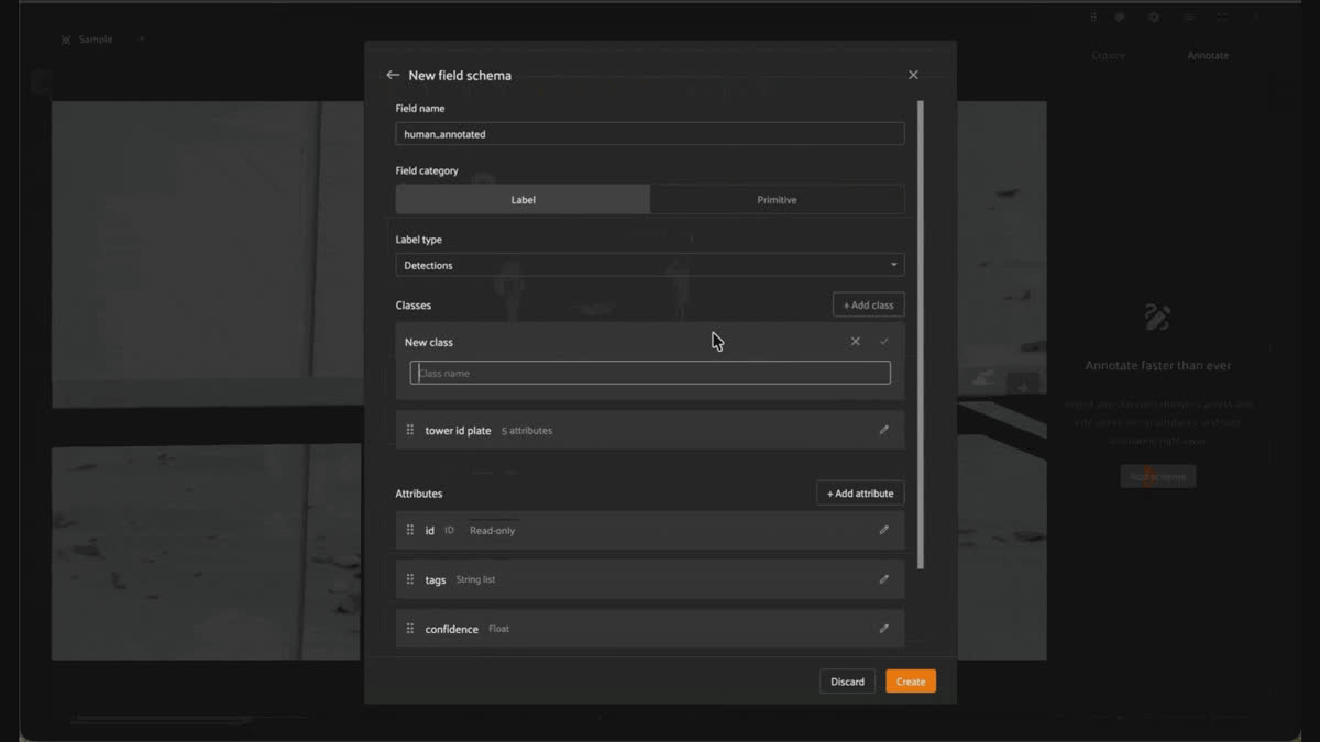 Adding human_annotated as a Detections field with four classes in the FiftyOne App Schema Manager