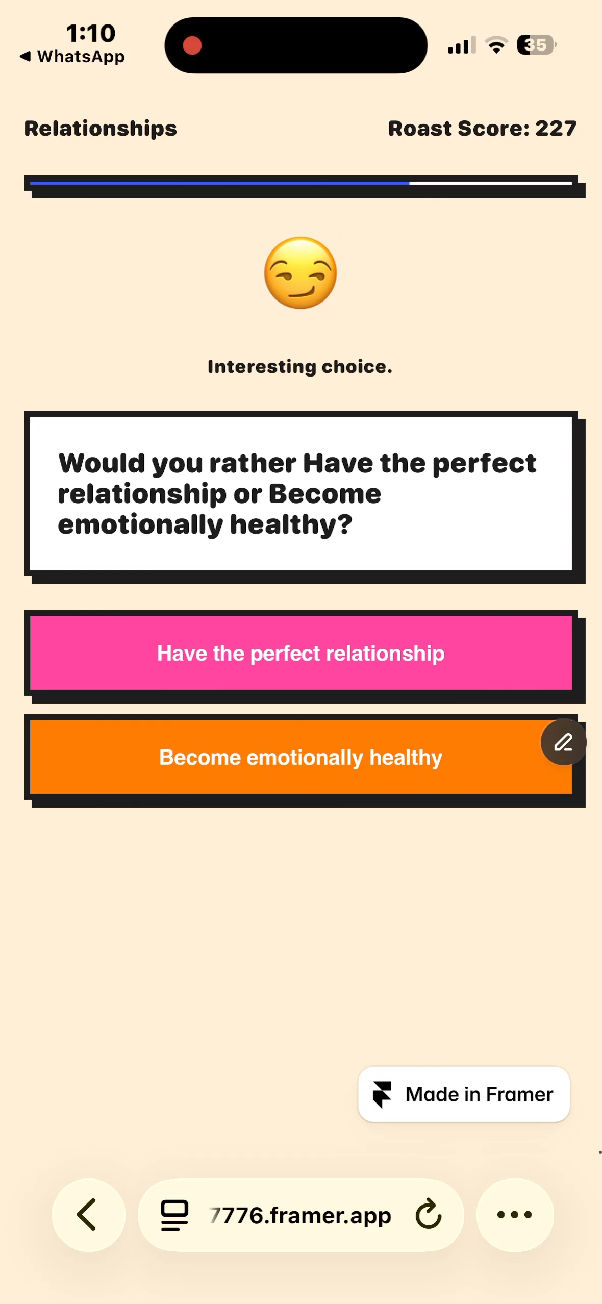 This started as a simple "Would You Rather" game. Now people are questioning their life choices after 3 questions. 💀Try now (at your own risk) - https://professional-report-707776.framer.appDo give a vote(it wont cost a single penny &amp; hardly takes 10seconds) - https://www.framer.com/community/contests/agents-hackathon/submissions/6DPNQbxKVu3BF3ncpXt1AF/