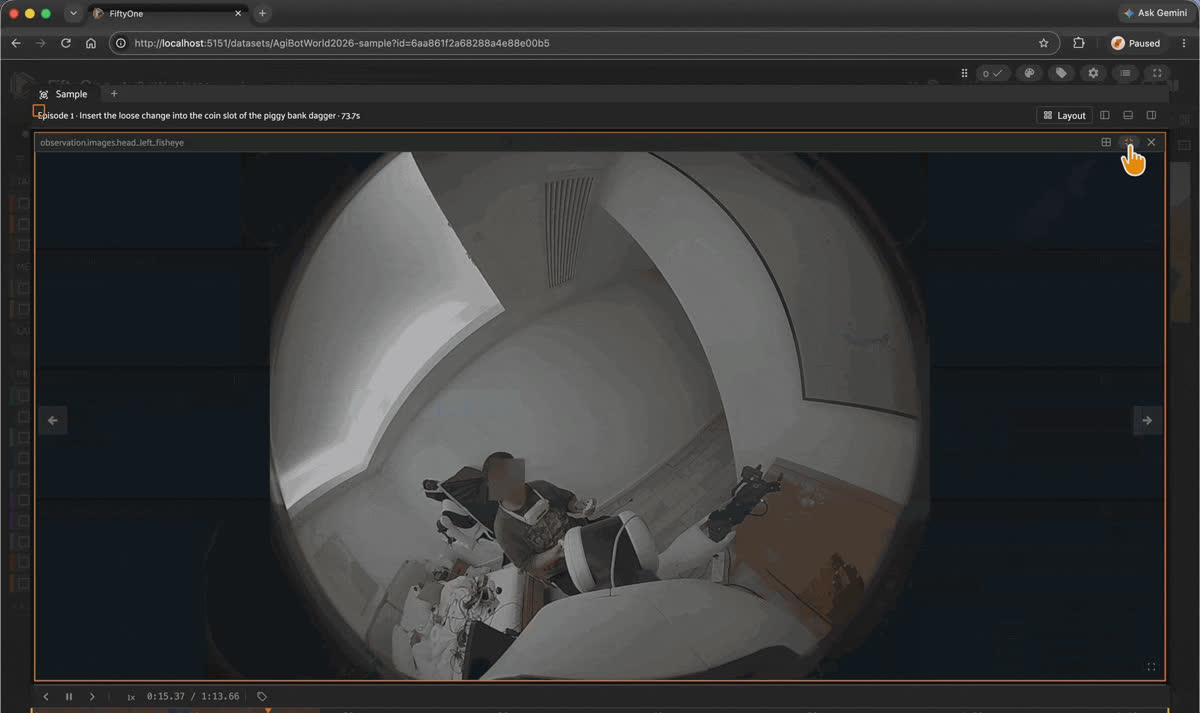 FiftyOne app playing an AgiBotWorld2026 episode, with seven camera panels including head fisheyes, a reward signal plot, and the 216-dimension observation state vector.