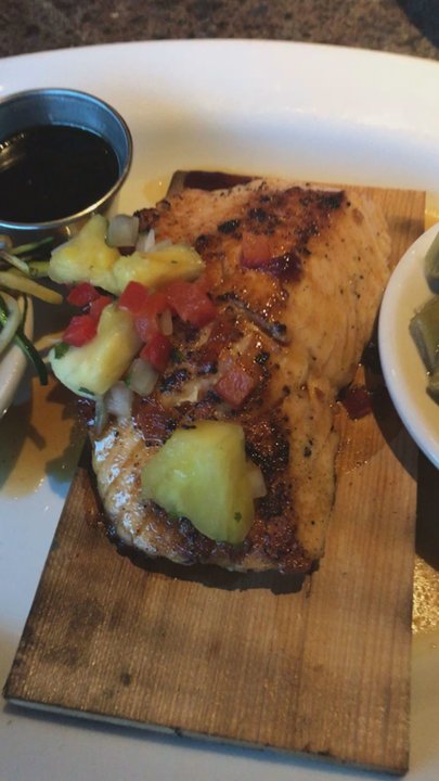 FD's Grillhouse - Salmon with bourbon glaze and pineapple salsa is SO good! - American Near Me - Springfield, Missouri